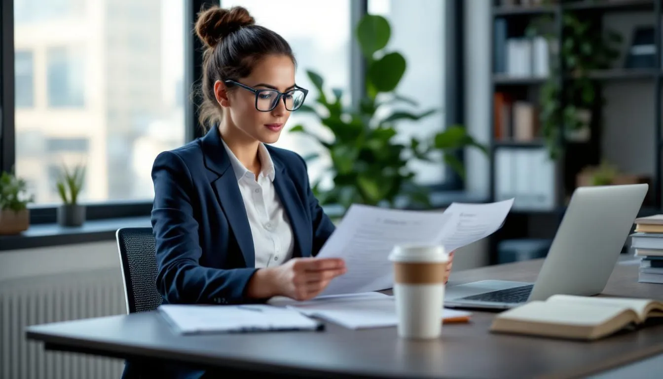 The image depicts a professional person sitting at a desk, practicing interview answers while reviewing their resume. They are focused on aligning their responses with the job description, ensuring their resume highlights relevant skills and achievements to impress hiring managers.